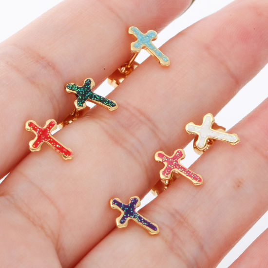 Immagine di 316 Acciaio inossidabile Religione Orecchini a Perno Oro Placcato Multicolore Brillio Croce Smalto 9.7mm x 6.6mm, Posta / Filo Dimensione: (21 misura), 1 Paio