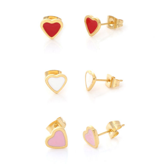 Immagine di 316 Acciaio inossidabile San Valentino Orecchini a Perno Oro Placcato Multicolore Cuore Smalto 7.6mm x 6.9mm, Posta / Filo Dimensione: (21 misura), 1 Paio