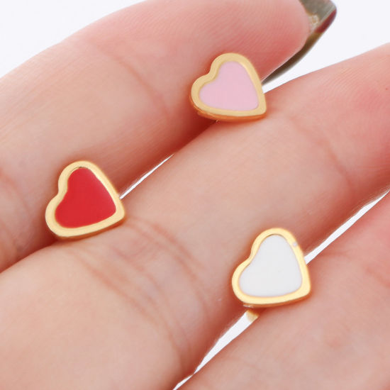Immagine di 316 Acciaio inossidabile San Valentino Orecchini a Perno Oro Placcato Multicolore Cuore Smalto 7.6mm x 6.9mm, Posta / Filo Dimensione: (21 misura), 1 Paio