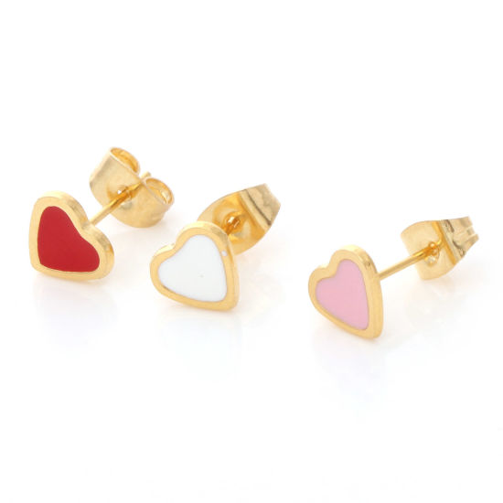 Immagine di 316 Acciaio inossidabile San Valentino Orecchini a Perno Oro Placcato Multicolore Cuore Smalto 7.6mm x 6.9mm, Posta / Filo Dimensione: (21 misura), 1 Paio