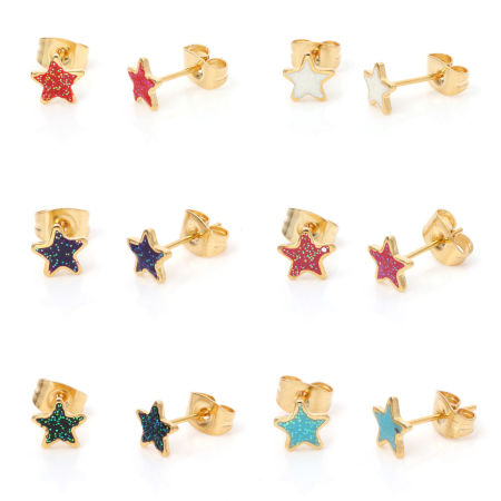 Imagen de 316 Acero Inoxidable Elegante Pendientes Chapado en Oro Multicolor Glitter Estrellas de cinco puntos Esmalte 6.7mm x 6.7mm, Post/ Wire Size: (21 gauge), 1 Par