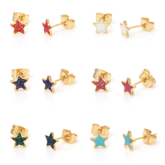 316ステンレス鋼 おしゃれ ピアスイヤリング 金メッキ 多色 きらめき 五芒星 エナメル 6.7mm x 6.7mm、ワイヤーサイズ: （21号）、1 ペア の画像