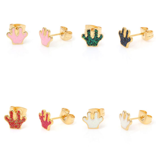 Immagine di 316 Acciaio inossidabile Elegante Orecchini a Perno Oro Placcato Multicolore Brillio Mani Smalto 8mm x 6.8mm, Posta / Filo Dimensione: (21 misura), 1 Paio