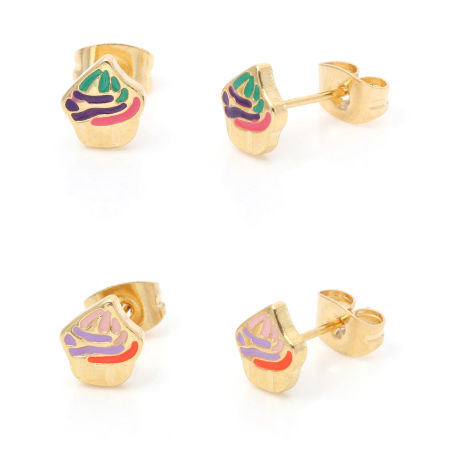 Image de Boucles d'Oreilles Puces en 316 Acier Inoxydable Élégant Doré Multicolore Glace Émail 7.3mm x 6.5mm , Epaisseur de Fil: (21 gauge), 1 Paire