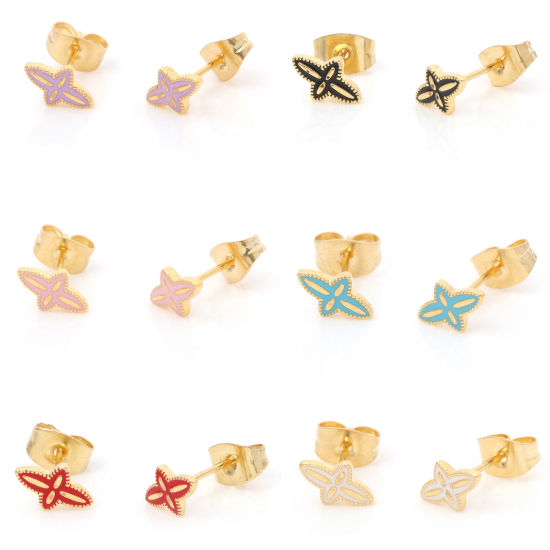 Immagine di 316 Acciaio inossidabile Religione Orecchini a Perno Oro Placcato Multicolore Croce Smalto 8.3mm x 5.2mm, Posta / Filo Dimensione: (21 misura), 1 Paio