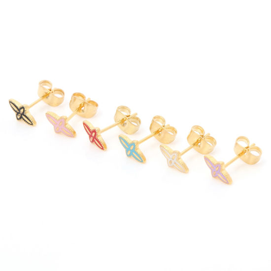 Immagine di 316 Acciaio inossidabile Religione Orecchini a Perno Oro Placcato Multicolore Croce Smalto 8.3mm x 5.2mm, Posta / Filo Dimensione: (21 misura), 1 Paio