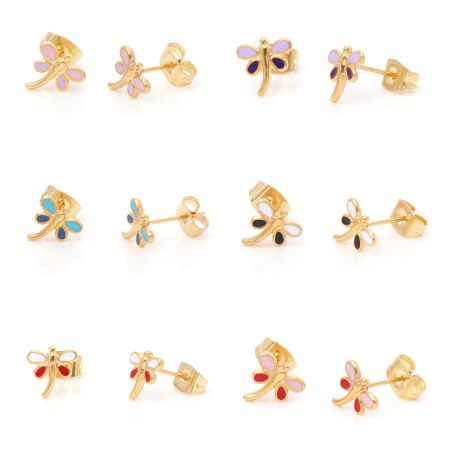 Bild von 316 Edelstahl Insekt Ohrring Ohrstecker Vergoldet Bunt Libellen Emaille 8mm x 8mm, Drahtstärke: (21 gauge), 1 Paar