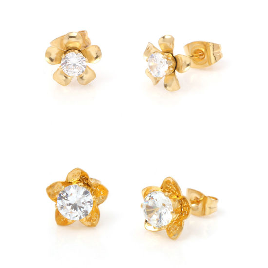 Immagine di 316 Acciaio inossidabile Elegante Orecchini a Perno Oro Placcato Fiore Trasparente Strass 1 Paio