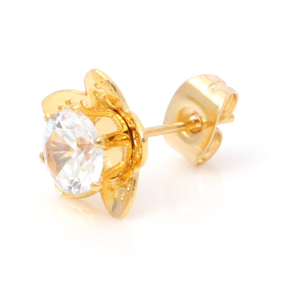 Immagine di 316 Acciaio inossidabile Elegante Orecchini a Perno Oro Placcato Fiore Trasparente Strass 1 Paio