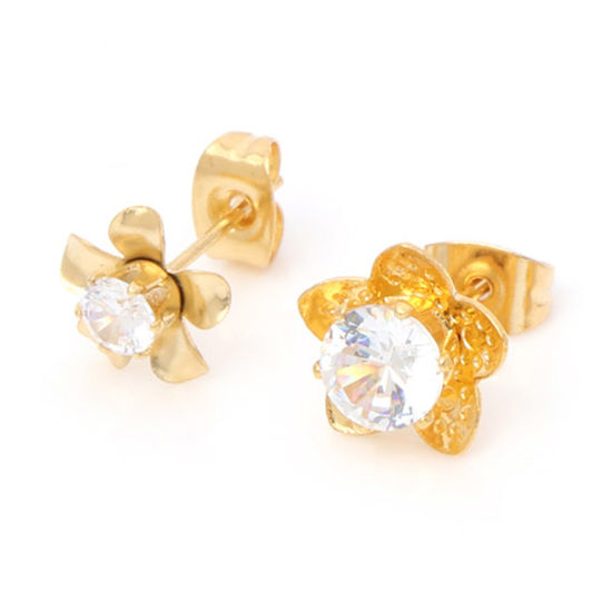 Immagine di 316 Acciaio inossidabile Elegante Orecchini a Perno Oro Placcato Fiore Trasparente Strass 1 Paio