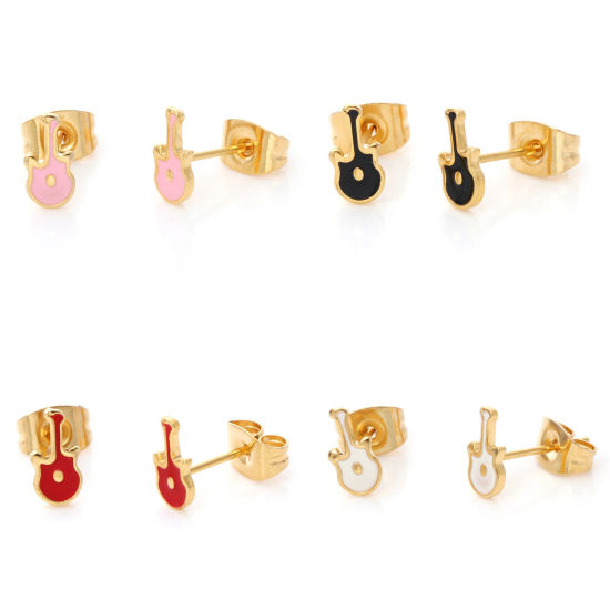 Imagen de 316 Acero Inoxidable Elegante Pendientes Chapado en Oro Guitarra Instrumento Musical Esmalte 7.9mm x 4mm, Post/ Wire Size: (21 gauge), 1 Par