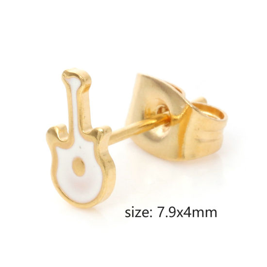 Imagen de 316 Acero Inoxidable Elegante Pendientes Chapado en Oro Guitarra Instrumento Musical Esmalte 7.9mm x 4mm, Post/ Wire Size: (21 gauge), 1 Par