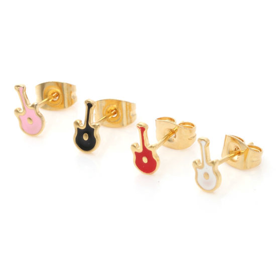 Imagen de 316 Acero Inoxidable Elegante Pendientes Chapado en Oro Guitarra Instrumento Musical Esmalte 7.9mm x 4mm, Post/ Wire Size: (21 gauge), 1 Par