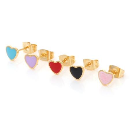 Image de Boucles d'Oreilles Puces en 316 Acier Inoxydable La Saint Valentin Doré Multicolore Cœur Émail 6.4mm x 5.6mm , Epaisseur de Fil: (21 gauge), 1 Paire