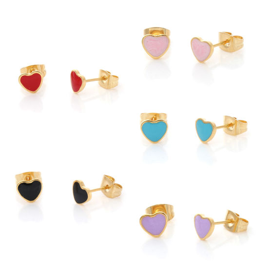 Image de Boucles d'Oreilles Puces en 316 Acier Inoxydable La Saint Valentin Doré Multicolore Cœur Émail 6.4mm x 5.6mm , Epaisseur de Fil: (21 gauge), 1 Paire