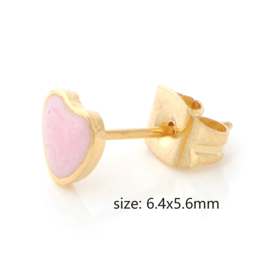 Image de Boucles d'Oreilles Puces en 316 Acier Inoxydable La Saint Valentin Doré Multicolore Cœur Émail 6.4mm x 5.6mm , Epaisseur de Fil: (21 gauge), 1 Paire