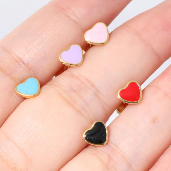 Image de Boucles d'Oreilles Puces en 316 Acier Inoxydable La Saint Valentin Doré Multicolore Cœur Émail 6.4mm x 5.6mm , Epaisseur de Fil: (21 gauge), 1 Paire