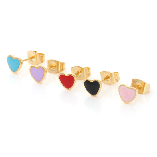Image de Boucles d'Oreilles Puces en 316 Acier Inoxydable La Saint Valentin Doré Multicolore Cœur Émail 6.4mm x 5.6mm , Epaisseur de Fil: (21 gauge), 1 Paire