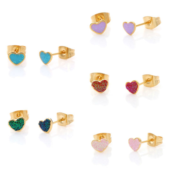 Immagine di 316 Acciaio inossidabile San Valentino Orecchini a Perno Oro Placcato Multicolore Brillio Cuore Smalto 5.8mm x 4.5mm, Posta / Filo Dimensione: (21 misura), 1 Paio