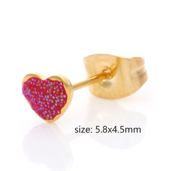 Immagine di 316 Acciaio inossidabile San Valentino Orecchini a Perno Oro Placcato Multicolore Brillio Cuore Smalto 5.8mm x 4.5mm, Posta / Filo Dimensione: (21 misura), 1 Paio
