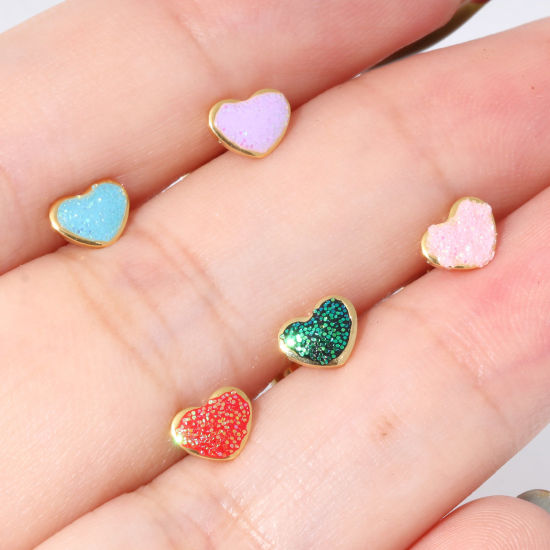 Immagine di 316 Acciaio inossidabile San Valentino Orecchini a Perno Oro Placcato Multicolore Brillio Cuore Smalto 5.8mm x 4.5mm, Posta / Filo Dimensione: (21 misura), 1 Paio