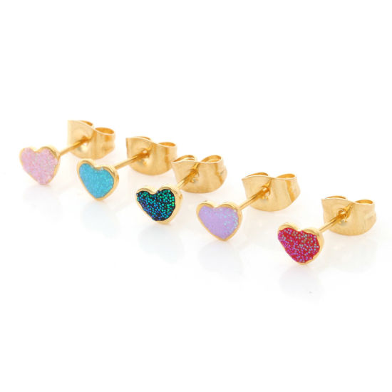 Immagine di 316 Acciaio inossidabile San Valentino Orecchini a Perno Oro Placcato Multicolore Brillio Cuore Smalto 5.8mm x 4.5mm, Posta / Filo Dimensione: (21 misura), 1 Paio