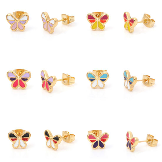 Picture of 316 Stainless Steel Insect Ear Post Stud Earrings Gold Plated Multicolor Butterfly Animal Enamel 9.5mm x 7mm