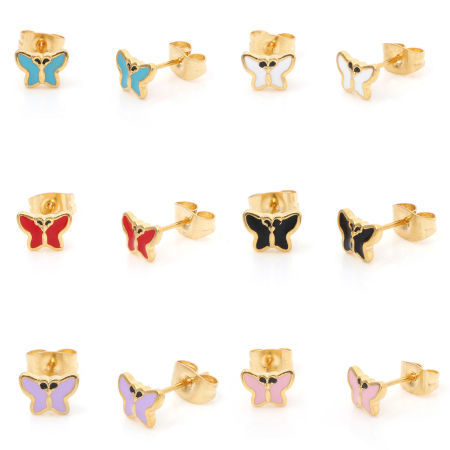 316 Stainless Steel Insect Ear Post Stud Earrings Gold Plated Multicolor Butterfly Animal Enamel 7.4mm x 5.5mm