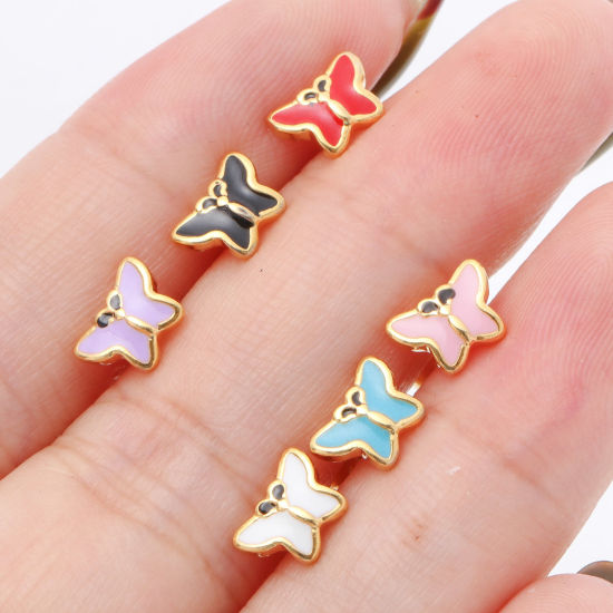 Immagine di 316 Acciaio inossidabile Insetto Orecchini a Perno Oro Placcato Multicolore Farfalla Smalto 7.4mm x 5.5mm, Posta / Filo Dimensione: (21 misura), 1 Paio