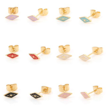 Image de Boucles d'Oreilles Puces en 316 Acier Inoxydable Élégant Doré Multicolore Losange Émail 8.3mm x 3.8mm , Epaisseur de Fil: (21 gauge), 1 Paire