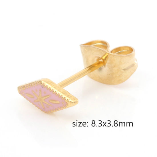 Picture of 316 Stainless Steel Stylish Ear Post Stud Earrings Gold Plated Multicolor Rhombus Enamel 8.3mm x 3.8mm