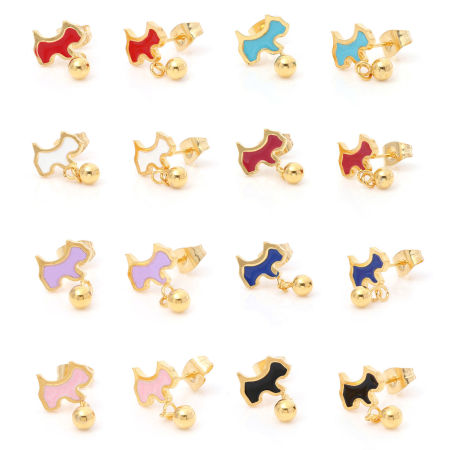Immagine di 316 Acciaio inossidabile Elegante Orecchini a Perno Oro Placcato Multicolore Cane Smalto 10mm x 5mm, Posta / Filo Dimensione: (21 misura), 1 Paio