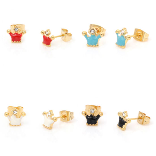 Picture of 316 Stainless Steel Stylish Ear Post Stud Earrings Gold Plated Multicolor Crown Enamel 8.3mm x 7.2mm