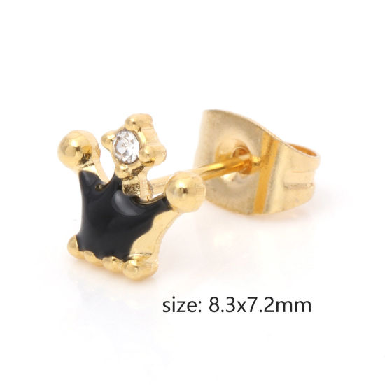 Picture of 316 Stainless Steel Stylish Ear Post Stud Earrings Gold Plated Multicolor Crown Enamel 8.3mm x 7.2mm