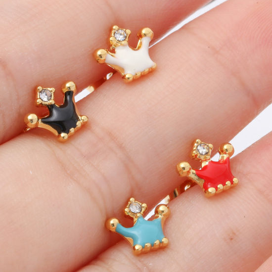 Picture of 316 Stainless Steel Stylish Ear Post Stud Earrings Gold Plated Multicolor Crown Enamel 8.3mm x 7.2mm