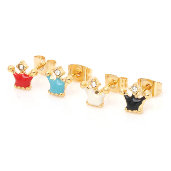 Picture of 316 Stainless Steel Stylish Ear Post Stud Earrings Gold Plated Multicolor Crown Enamel 8.3mm x 7.2mm