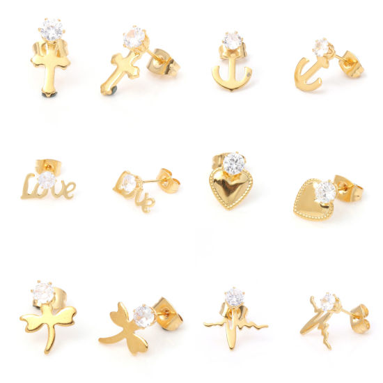 Immagine di 316 Acciaio inossidabile Elegante Orecchini a Perno Oro Placcato Trasparente Strass 1 Paio