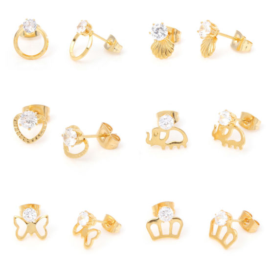 Picture of 316 Stainless Steel Stylish Ear Post Stud Earrings Gold Plated Clear Rhinestone