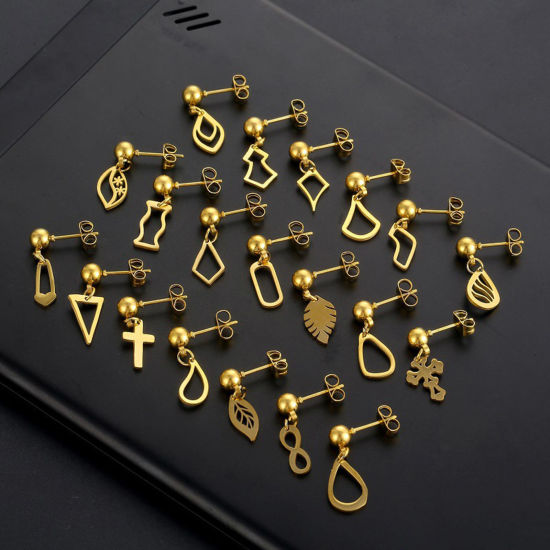 Imagen de Titanio Acero Serie de Geometría Pendientes Chapado en Oro 15mm, Post/ Wire Size: (20 gauge), 2 Unidades