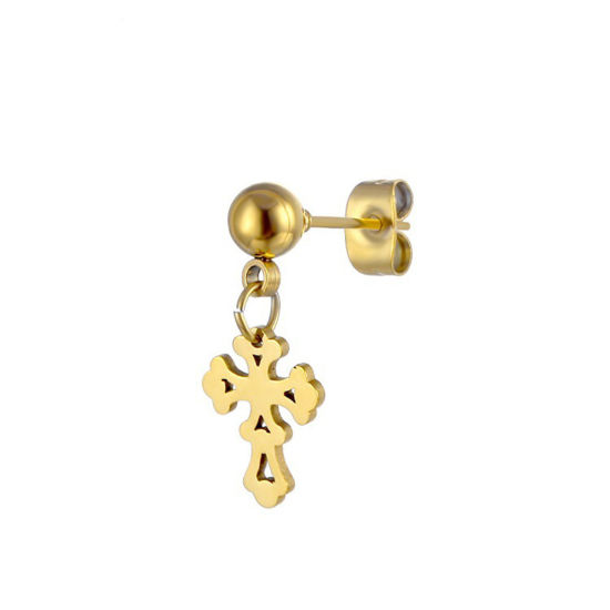 Imagen de Titanio Acero Serie de Geometría Pendientes Chapado en Oro 15mm, Post/ Wire Size: (20 gauge), 2 Unidades