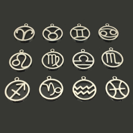 202 Stainless Steel Charms Silver Tone Round Constellation Hollow 18mm x 16mm