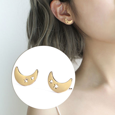 304 Stainless Steel Galaxy Ear Post Stud Earrings Multicolor Half Moon Star Hollow 10mm x 7mm
