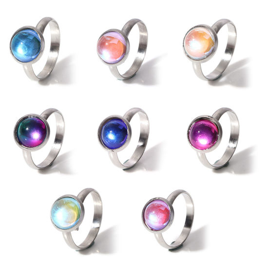 Image de Bagues Ouvert Ajoustable en 304 Acier Inoxydable & Verre Simple Argent Mat Multicolore Couleur AB 17.7mm (Taille d'US 7.5) , 1 Pièce