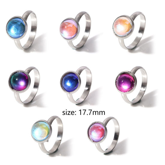 Image de Bagues Ouvert Ajoustable en 304 Acier Inoxydable & Verre Simple Argent Mat Multicolore Couleur AB 17.7mm (Taille d'US 7.5) , 1 Pièce