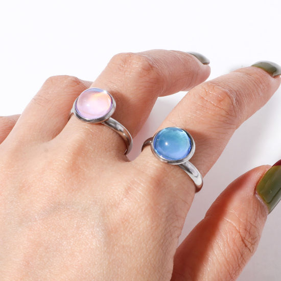 Image de Bagues Ouvert Ajoustable en 304 Acier Inoxydable & Verre Simple Argent Mat Multicolore Couleur AB 17.7mm (Taille d'US 7.5) , 1 Pièce