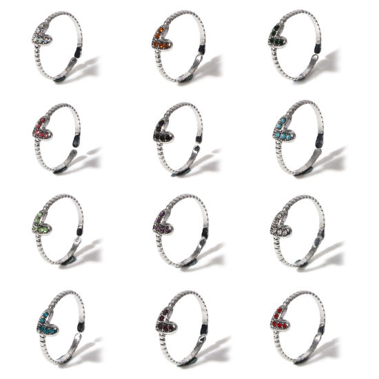 Immagine di 304 Acciaio Inossidabile Pietre Nascita Aperto Regolabile Anello Tono Argento Cuore 16.9mm (taglia di US: 6.5), 1 Pz