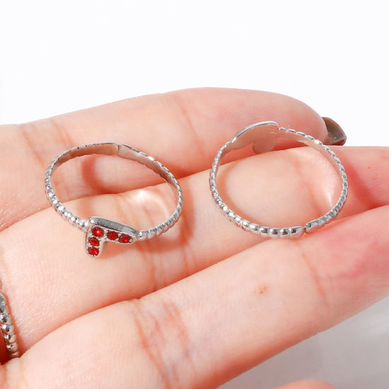 Immagine di 304 Acciaio Inossidabile Pietre Nascita Aperto Regolabile Anello Tono Argento Cuore 16.9mm (taglia di US: 6.5), 1 Pz