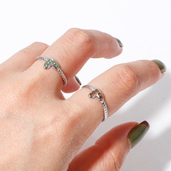 Immagine di 304 Acciaio Inossidabile Pietre Nascita Aperto Regolabile Anello Tono Argento Cuore 16.9mm (taglia di US: 6.5), 1 Pz