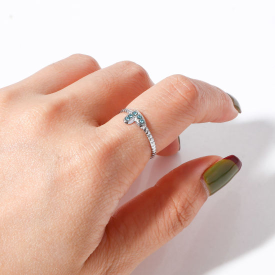 Immagine di 304 Acciaio Inossidabile Pietre Nascita Aperto Regolabile Anello Tono Argento Cuore 16.9mm (taglia di US: 6.5), 1 Pz
