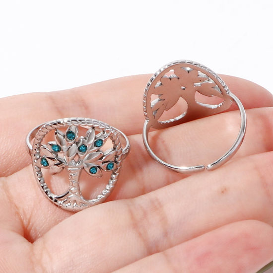 Picture of 304 Stainless Steel Birthstone Open Adjustable Rings Silver Tone Tree Of Life 16.5mm(US Size 6)